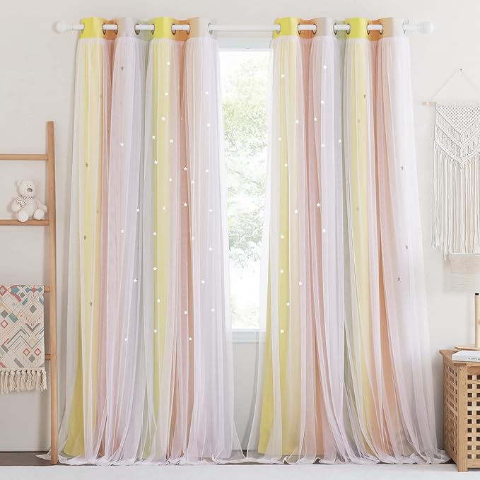 NICETOWN 2 Panels Star Blackout Curtains for Kids Girls Bedroom Aesthetic Living Room Colorful Double Layer Cut Out Rainbow Window Home Decoration Curtain, Yellow & Orange & Grey, W52 x L84