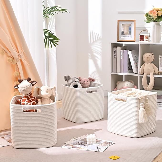 13 Inch Storage Cubes, 3 Pack Cube Storage Bins for Organizing, Cotton Rope Woven Baskets for Shelves, Bathroom, Kids Room, Closets, Baby Nursery