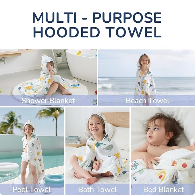 Toddler Hooded Bath Towels,100% Cotton Muslin Baby Towels for Boys Girls,Ultra Soft & Absorbent Quick Dry Kids Towel for Beach,Pool,Bathroom,Large 43x43 Inch