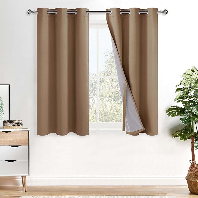 XWZO 100% Blackout Curtains with Tiebacks- 2 Thick Layers Completely Shaded Window Treatment Thermal Insulated Lined Drapes for Bedroom/Patio Door, Grommet, Cappuccino, W42 x L54, Set of 2 Panels