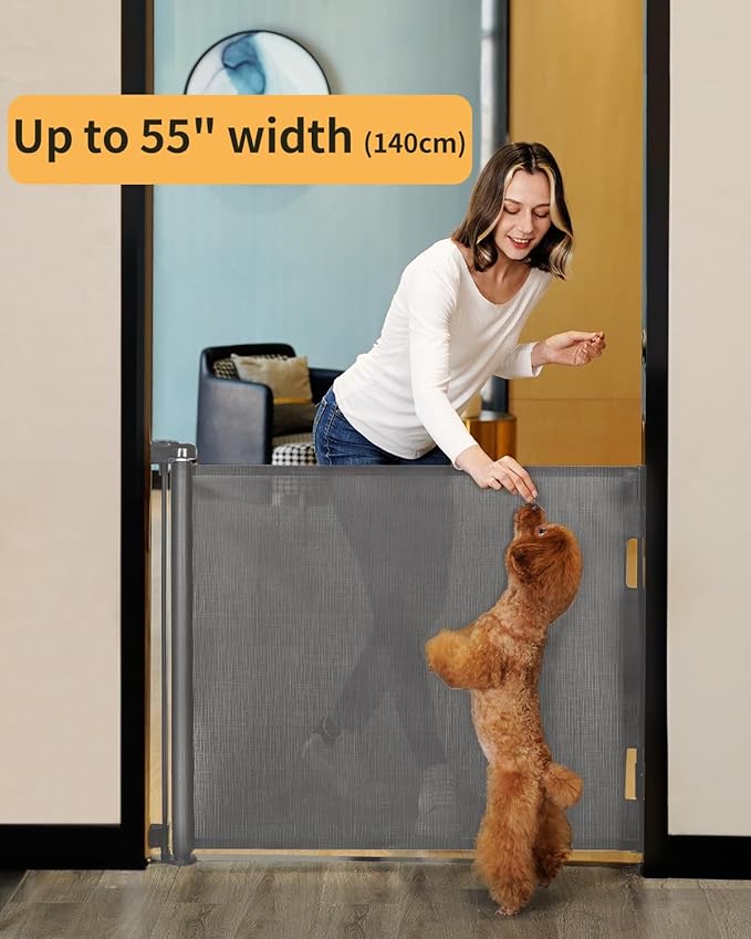 Retractable Baby Gate,Mesh Baby Gate or Mesh Dog Gate,33" Tall,Extends up to 55" Wide,Child Safety Gate for Doorways, Stairs, Hallways, Indoor/Outdoor（Grey,33"x55"