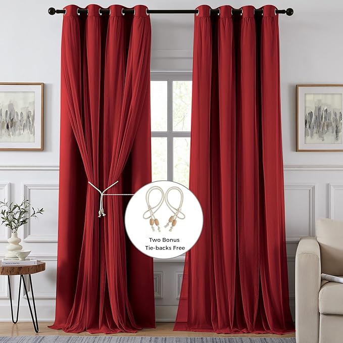 100% Blackout Curtains for Bedroom, Double Layer Red Curtains, Black Out Curtain 63 inch Long with Sheer Overlay for Living Room, Room Darkening Window Drapes with Grommet, 52" W x 63" L