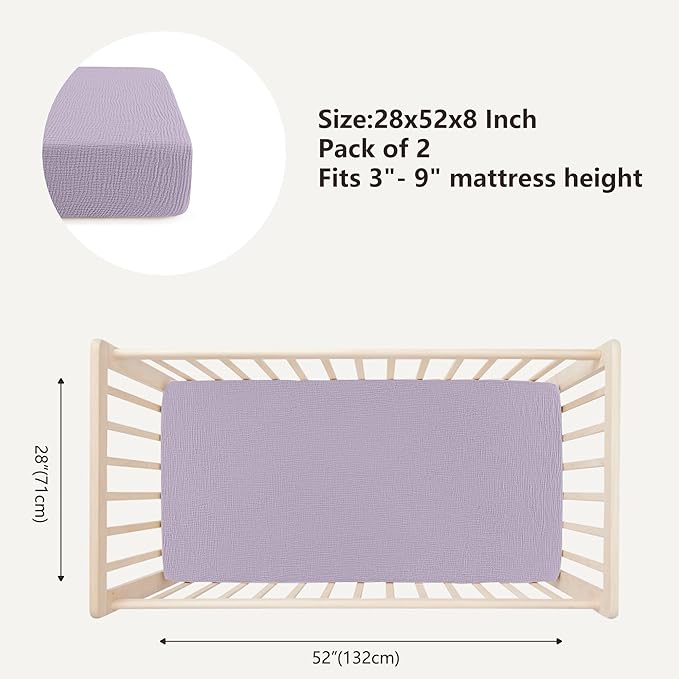 Bearmoss Muslin Crib Sheets - 100% Cotton Baby Crib Sheets Fitted for Standard Crib Mattress & Toddler Bed Mattress 52"x28" Soft Breathable Crib Sheet Neutral for Boys Girls - 2 Pack (Pink Purple)