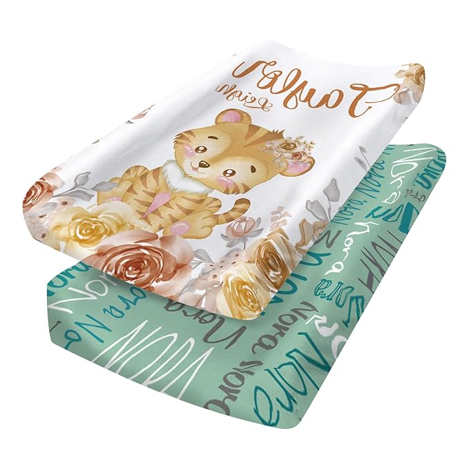 Custom Changing Pad Cover Set - Jersey Knit Ultra Soft Unisex Waterproof Diaper Changing Table Covers with Personalized Name for Baby Boys Girls - Comfy Cozy 2 Pcs Set Style22
