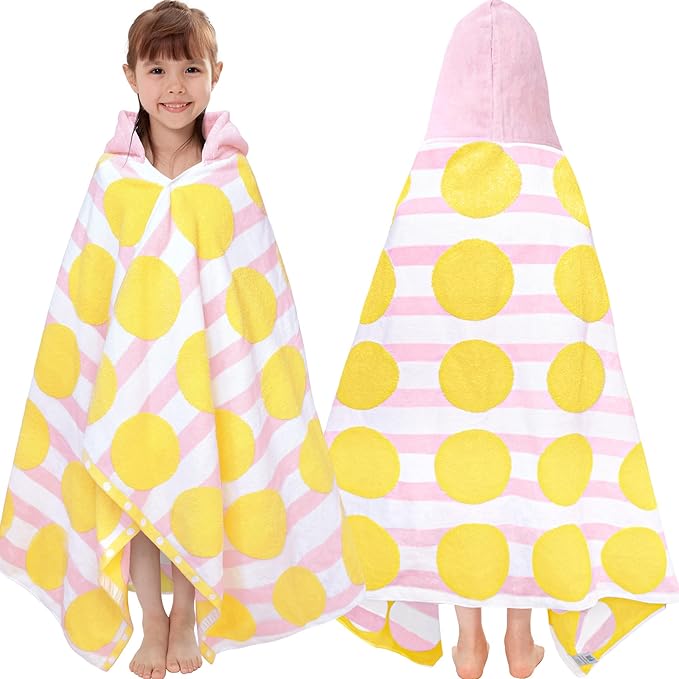 VOOVA & MOVAS Kids Bath Towel with Hood(3-10Years), Quick Dry Absorbent Lightweight Towel Wrap for Pool | Swim | Bath | Beach, Pink Strip Dot