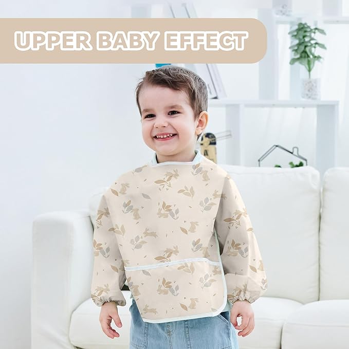 Little Dimsum Full Sleeved Feeding Bib 2 Pack,Baby & Toddler Waterproof Bib Apron,Food Protection Large Pocket Eating Smock 6-36 Months(Yellow Rabbit&Blue leaves)
