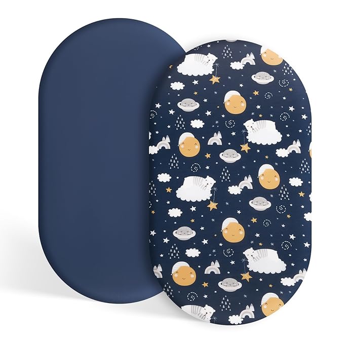 TILLYOU Baby Bassinet Sheets for Girls Boys 2 Pack Baby Sheets for Square Rectangle Oval Bassinet Mattress 33X16 Inch, Adventure and Dark Blue