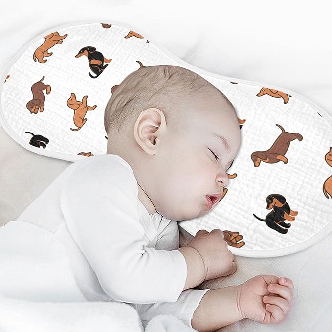 WELLDAY Muslin Baby Burp Cloths Set of 4, Soft Absorbent Cute Dogs Dachshunds Muslin Washcloths, Bibs, Face Towel for Newborn Boys Girls, 22 x 11 Inch