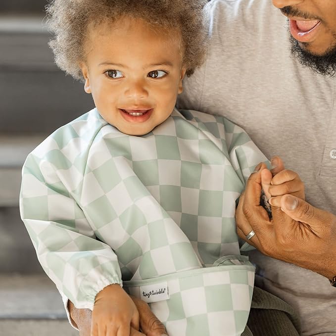 Tiny Twinkle Long Sleeve Bib for Babies & Toddlers | Waterproof Smock Bib for Eating | Machine Washable & Mess-Proof Feeding Essentials | Newborn Shower Gift (Checkers Sage, 2-4Y)