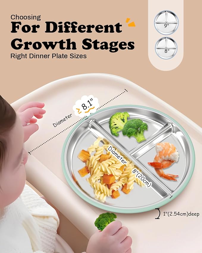 Bakpoco 8” Stainless Steel Toddler Plate with Suction, Divided Plates with Removable Silicone Sleeves for Kids, Non Toxic & BPA Free | Non Slip | Unbreakable Baby Snack Dishes Set of 2, Blue & Sage
