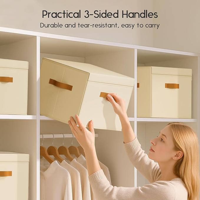 Large Storage Bins with Lids - Front Opening Fabric Storage Bins, Flap Closet Organizer with Handles, Collapsible Boxes with Lid, Decorative Basket for Home, Dorm, 6 Pack, Beige