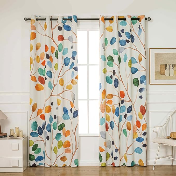 Boho Colorful Leaf Floral Blackout Curtains, Watercolor Bohemian Flower Print Window Drapes, Living Room Bedroom Decor 2 Panels 52x96 Inch
