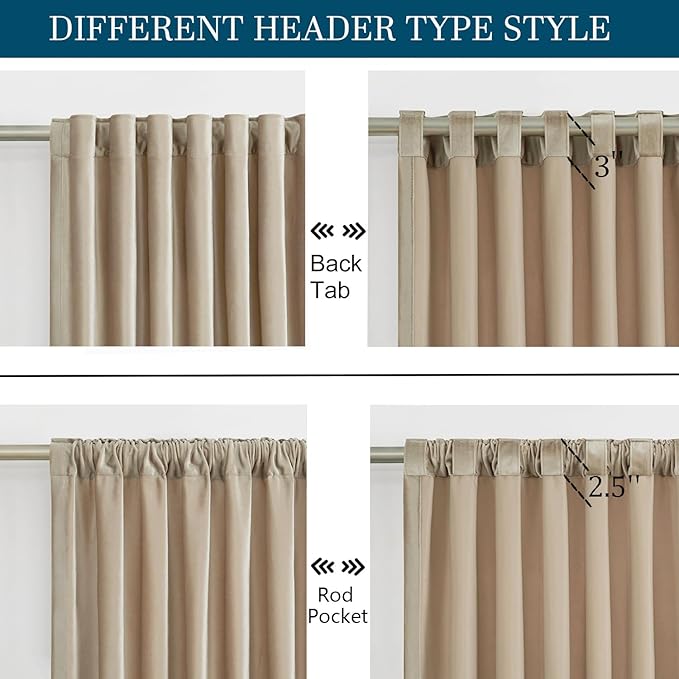 PRIMROSE Champagne Polyester Velvet Curtains 96 inch Long for Living Room,Set of 2 Panels Blackout Rod Pocket Back Tab Window Treatment Room Darkening Heavy Decorative Curtains Drapes for Bedroom