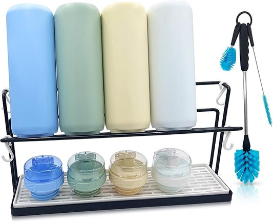 WAKUBON Bottle Drying Rack for Kitchen Countertop - Two-Tier for Water Bottles and Tumblers, Space-Saving Storage Stand with Drainage Tray, Includes Water Bottle Drying Rack Brush Cleaning Set (Black)