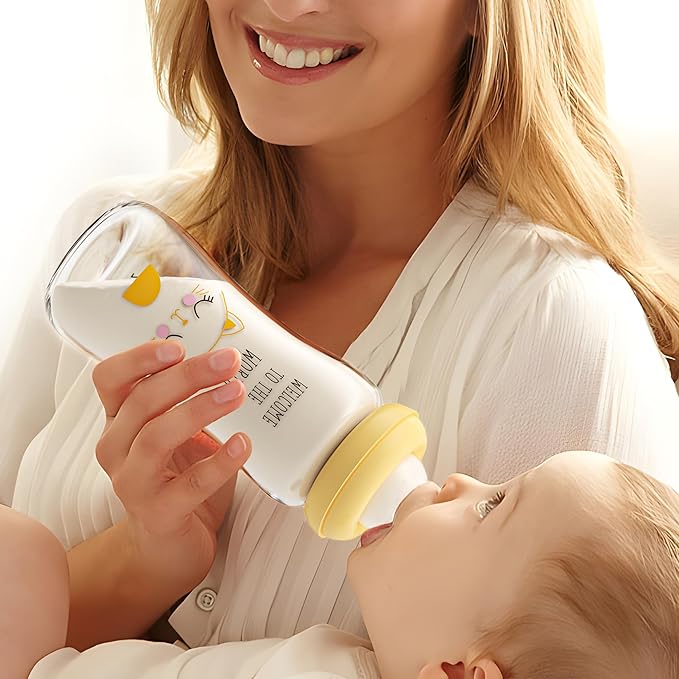 YOHKOH Natural Glass Baby Bottle with Level 2 Medium Flow Nipple, Newborn Anti-Colic Baby Bottles, Wide Neck Mushroom Baby Glass Bottle (8.8ounce (Pack of 2), Yellow1)