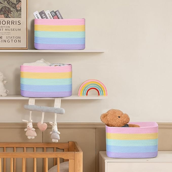 Woven Storage Baskets, Rainbow Baskets for Organizing, 3 Pack Woven Basket for Storage, Storage Baskets for Shelf, Towel, Toy, Book, Closet, Baby 15"×10"×9"