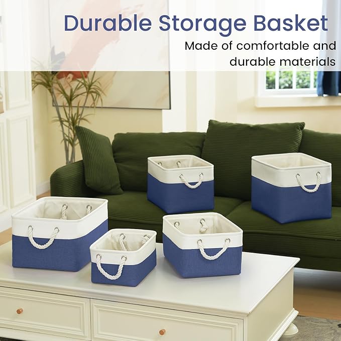 Large Storage Baskets- 15.7x11.8x8.26 inch Storage Bins for Shelves and Closet Organizing, Foldable Fabric Bin for Home Organization Clothes and Laundry (6-Pack, White&Blue)