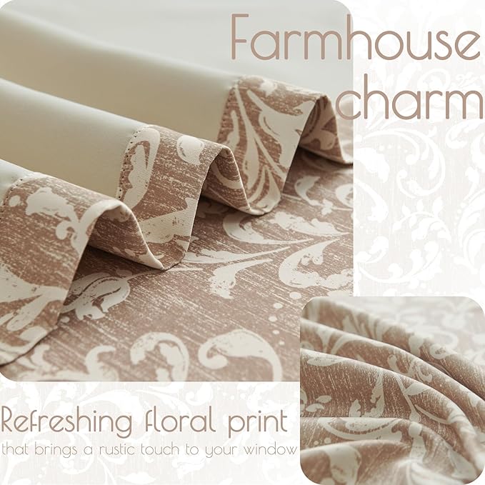 jinchan 80% Blackout Curtains for Bedroom, Farmhouse Drapes with Scroll Floral Patterned for Living Room, Grommet Top Thermal Insulated Curtains, Vintage Country Drapes 63 inch Length 2 Panels Taupe