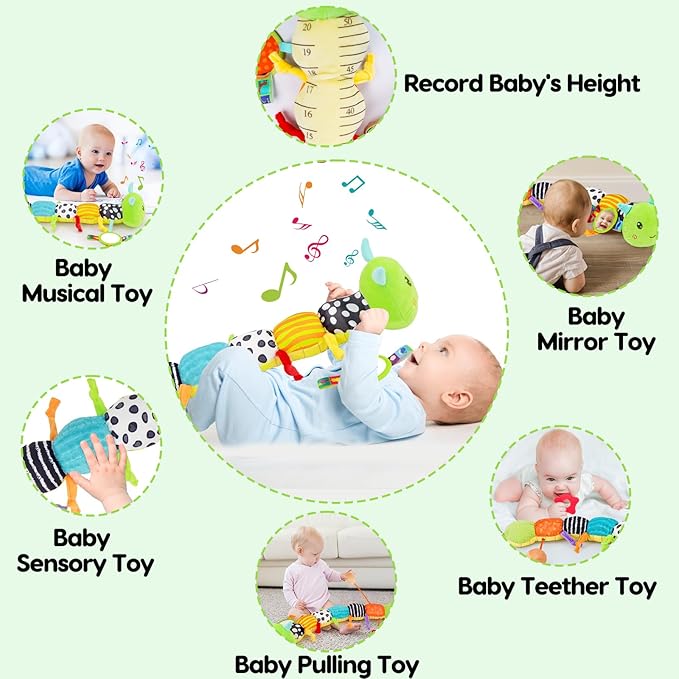 Baby Sensory Toy 0-6 Month Music Animal Stuffed Plush Caterpillar Toy for Infant 0-3-6-12 Month Old Tummy Time with Baby Mirror Crinkle Rattle Carseat Toys for Newborn Boys Girl Shower Gifts