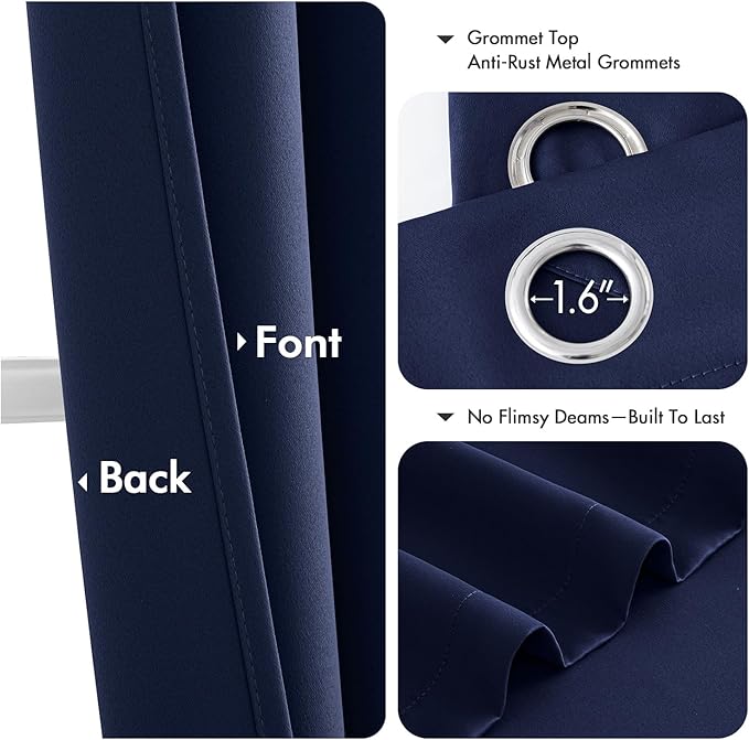 MIULEE Navy Blue Blackout Curtains for Bedroom Living Room 63 Inches Long 2 Panels, Thermal Insulated Room Darkening Drapes Solid Grommet Noise Reduction Light Blocking Window Treatments 50x63 Inch
