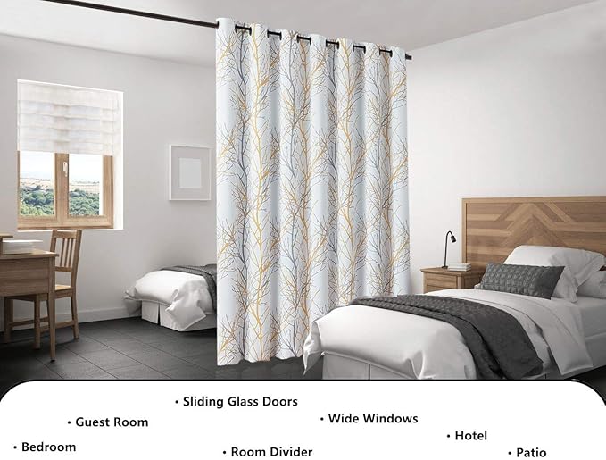 FMFUNCTEX 100% Blackout Patio Sliding Glass Door Curtains 96 Inch Long for Bedroom, Yellow Grey on White Tree Branch Patterned Drapes for Living Room Divider, Extra Wide Thermal Insulated Panels