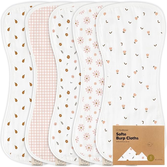 5-Pack Muslin Burp Cloths Baby Boy, Girl - Very Absorbent Baby Burp Cloth Rags, 8-Layers Viscose Derived from Bamboo Cotton Muslin Towel, Super Soft Spit Up Rags, No Shrink Washcloths (Petals)