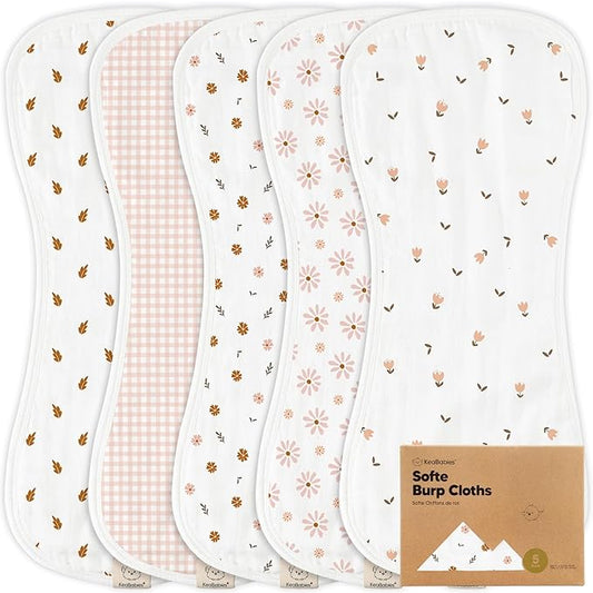 5-Pack Muslin Burp Cloths Baby Boy, Girl - Very Absorbent Baby Burp Cloth Rags, 8-Layers Viscose Derived from Bamboo Cotton Muslin Towel, Super Soft Spit Up Rags, No Shrink Washcloths (Petals)