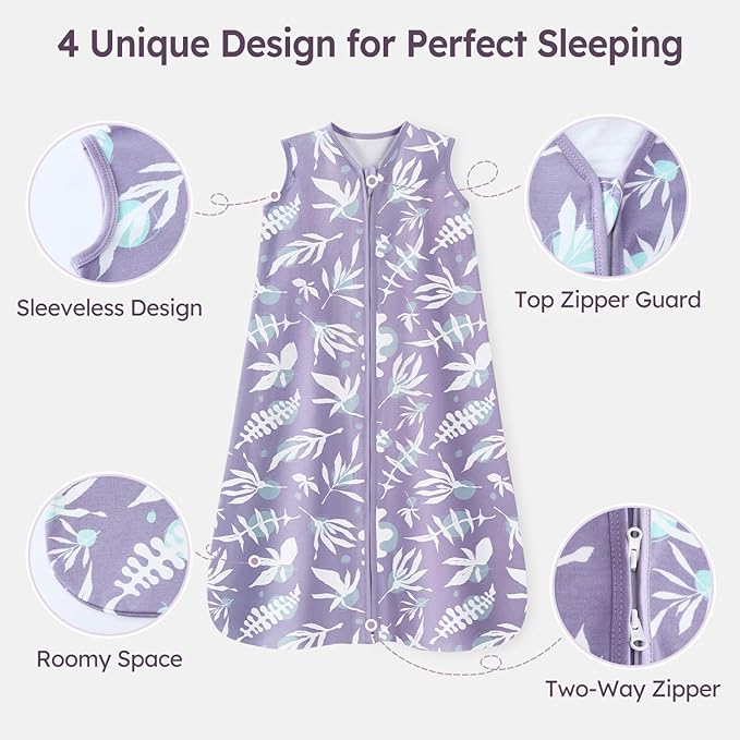 Unnivoll Baby Sleep Sack 18-24 Months 3 Pack 100% Cotton Lightweight 0.5 TOG Wearable Blanket Baby Sleep Bag with 2-Way Zipper for Newborn Infant Purple Leaf