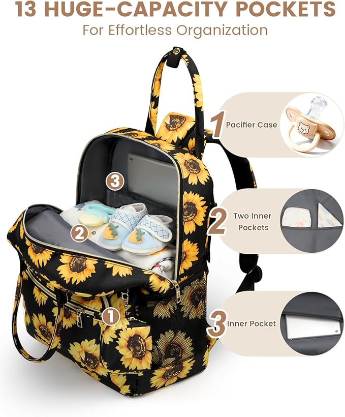 Diaper Bag Backpack,Baby Essentials Diapers Bag with Pacifier Case,Multipurpose Stylish Large Capacity Travel Backpack for Baby Girl/Boy(M-Sunflower)