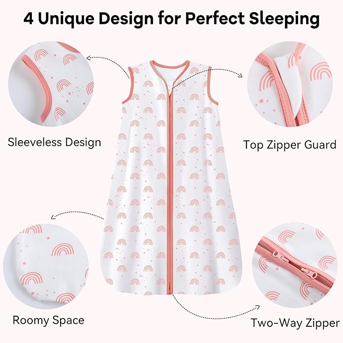 Unnivoll Baby Sleep Sack 18-24 Months 3 Pack 100% Cotton Lightweight 0.5 TOG Wearable Blanket Baby Sleep Bag with 2-Way Zipper for Infant Toddler Pink
