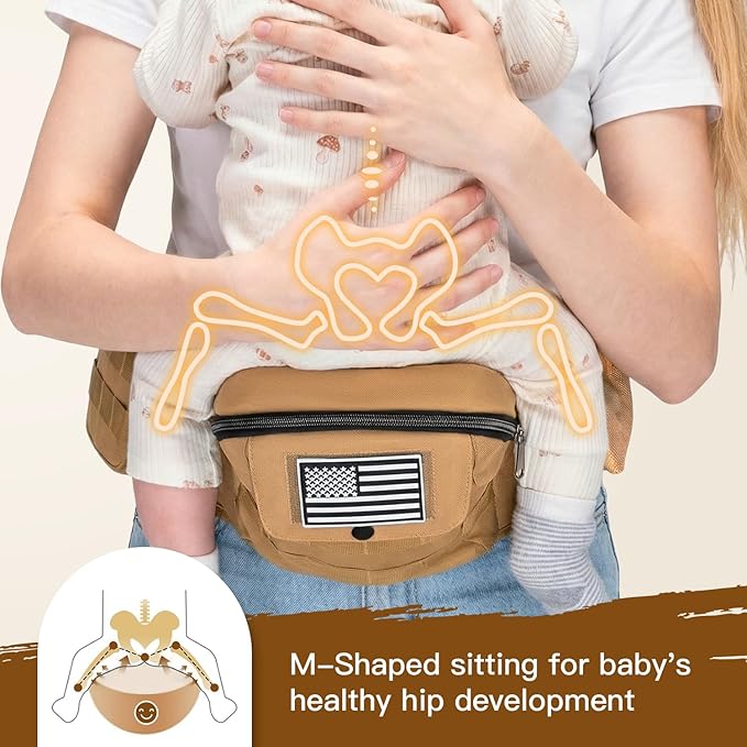 Dinictis Baby Hip Carrier, Ergonomic Waist Carrier with Hip Seat for Newborn to Toddler (Up to 45 lbs), Adjustable Wide Waistband, Molle Webbing & Multiple Pockets, Coyote Brown