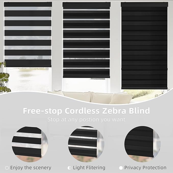 ChrisDowa Cordless Zebra Blinds for Windows, Dual Layer Free-Stop Light Filtering Window Roller Shades, Pull Down Privacy Zebra Shades for Home, Office, Bedroom, Door (38" W x 72" H, Black)