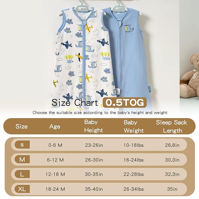 TILLYOU 2 Pack Infant Sleep Sack 0-6 Months 100% Cotton Wearable Blanket 0.5 TOG Sleeveless Summer Sleep Sacks with 2-Way Zipper, Sky Adventure & Sky Blue