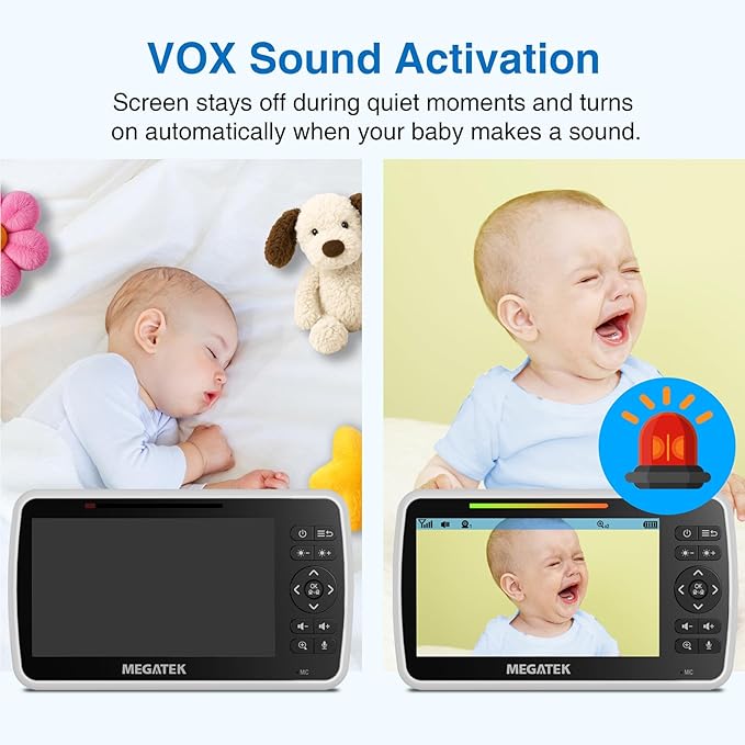 MEGATEK BabyView Video Baby Monitor with Camera and Audio, 5” Screen, Pan-Tilt-Zoom, No-WiFi 2.4GHz Wireless, 30-Hour Battery, Night Vision, 2-Way Talk, VOX, Lullabies, Timer, Temperature Alerts