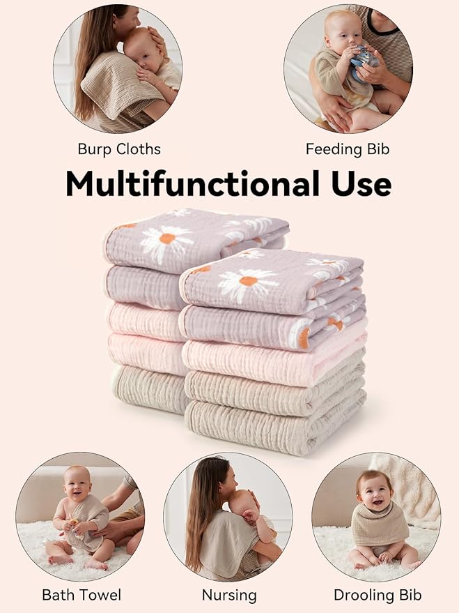 TILLYOU Muslin Burp Cloths Baby Boy Girl 20" x 10", 6-Layer Absorbent 100% Cotton Burping Cloths Large Soft, 10 Pack(Pink Butterfly)