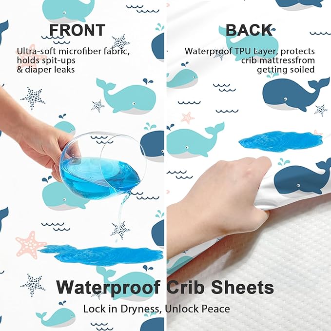 Little Grape Land Waterproof Crib Sheets for Boys Girls, Soft and Breathable Waterproof Baby Crib Sheets 52"x28", Crib Mattress Sheets Neutral for Standard Crib and Toddler Bed Mattress (Whale)