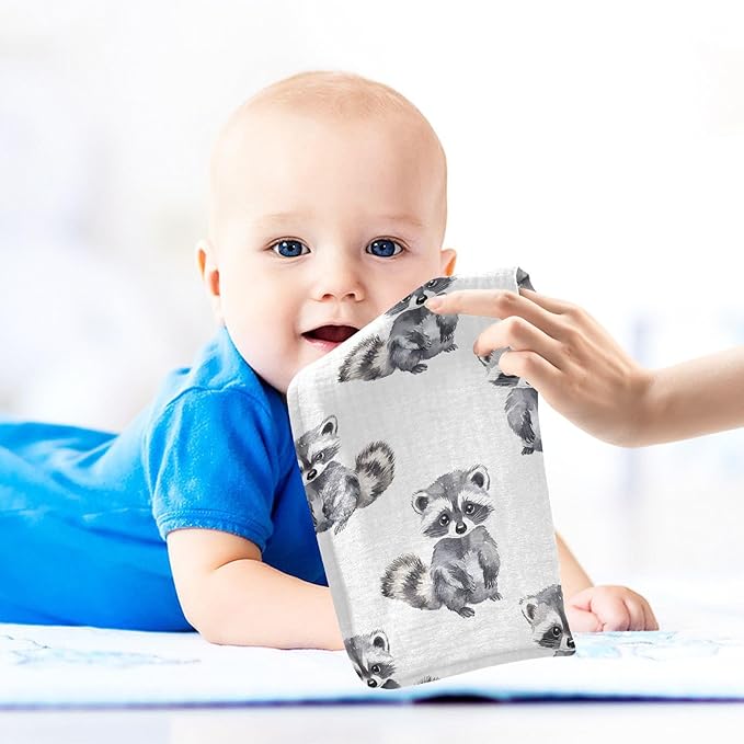 vvfelixl Little Raccoon Baby Burp Cloths Baby Muslin Washcloths for Boys Girls Cotton Babys Face Towel for Newborn Infants Soft and Absorbent 11.8 X 11.8 in, 5 Pack