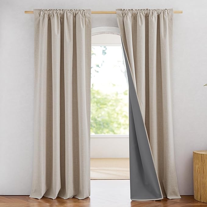 NICETOWN Natural Linen Blackout Curtain 52 x 80 inch Panels: Full Bedroom Blackout, Thick Insulated Classic Rod Pocket Back Tab Draperies with Thermal Insulated Liner for Windows(Set of 2)