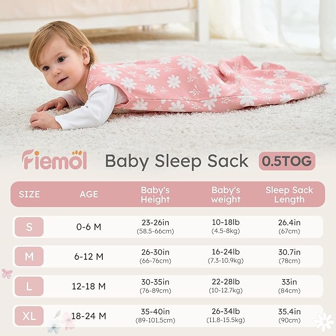 FIEMOL Baby Sleep Sack 12-18 months, 100% Cotton Sleeping Sack for Toddler, 3 Pack Baby Wearable Blanket, 0.5 Tog Lightweight Double Zipper Sleep Bag Large Pink Butterfly Flower