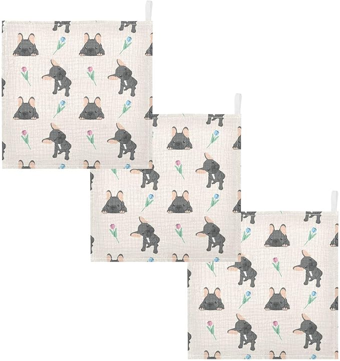 vvfelixl Baby Cotton Washcloths Black French Bulldog Infants Bath Towel for Unisex Face Towels for Newborn, Natural Baby Wipes Delicate Skin, 11.8 X 11.8 inch, one sizex3