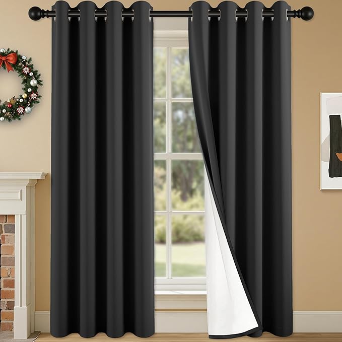 100% Blackout Curtains 95 Inch Length for Bedroom Living Room, Grommet Thermal Insulated Room Darkening Drapes, Light Blocking Window Treatment Decor, 2 Panels, 54x95, Black