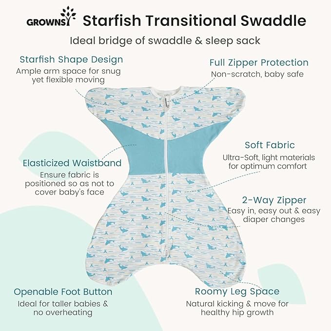GROWNSY Transitional Swaddle Sleep Sack 6-12 Months,Starfish Design Baby Swaddle Sack, Dual-Zipper for Easy Diaper Changes, Proper Hip Development & Openable Foot Button, 19-27 lbs, Whales and the Sea