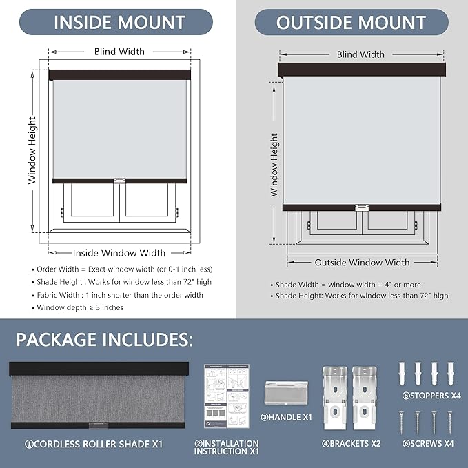 AOSKY Blackout Roller Shades Cordless Blinds for Windows, Free-Stop Shades with Valance, Thermal Insulated Fabric, UV Protection, Natural Woven Blinds for Home and Office (28" W x 72" H, Heather Grey)