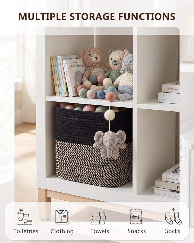 Cube Storage Bin 11" x 10.5" x 10.5" Cotton Rope Basket Square Woven Storage Basket for Shelves, Closet Organizer, Soft Towel Sock Basket, Black/Brown, 2 Pack