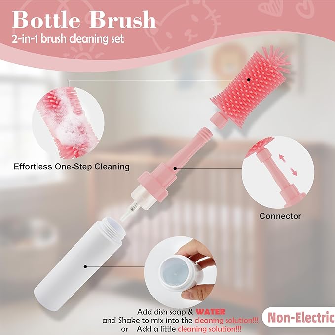 ZTX Self-Foaming Silicone Baby Bottle Brush Set - One Press Creates Rich Foam, Cleans Bottles, Breast Pump Parts & Nipples, Includes Detachable Brush & Travel Storage Bag, Pink