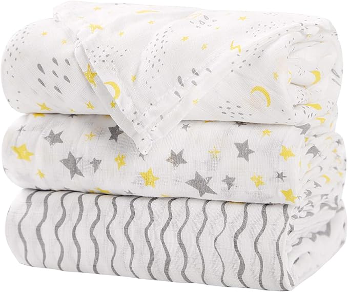 Little Grape Land Muslin Swaddle Blankets 47''x47'' 3 Pack, 100% Cotton Large Size Baby Swaddles for Newborn, Soft Breathable Baby Blankets for Newborns, Yellow