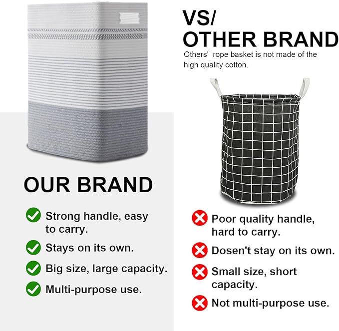 Laundry Basket, Large Woven Rope Tall Laundry Basket with Handles, Decorative Storage Basket for Clothes and Blankets in Living room, Bedroom