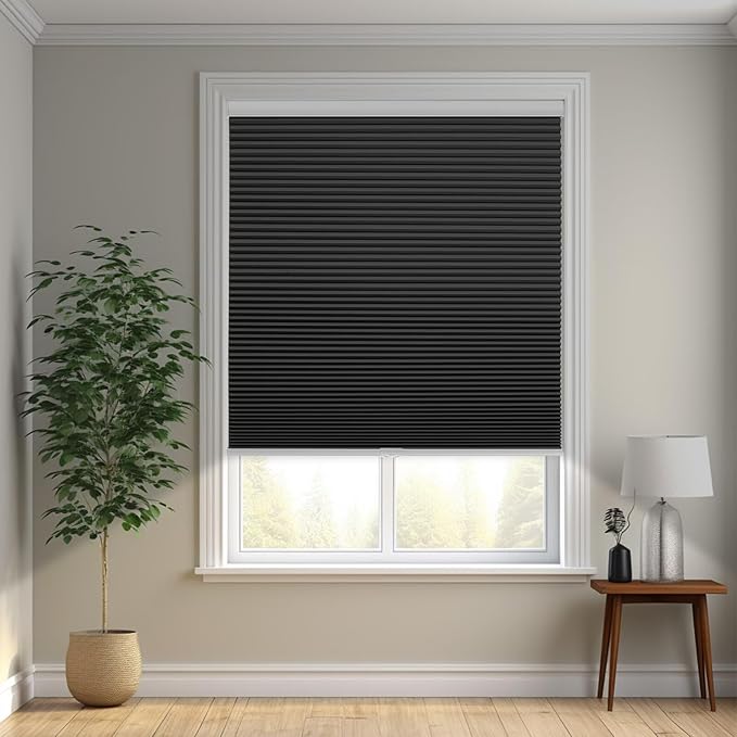 Changshade Cordless Cellular Shades, Blackout Honeycomb Shades for Windows, Pull Down Pleated Blinds, Easy to Install for Indoor Windows and French Doors,35" W x 48" H, Black