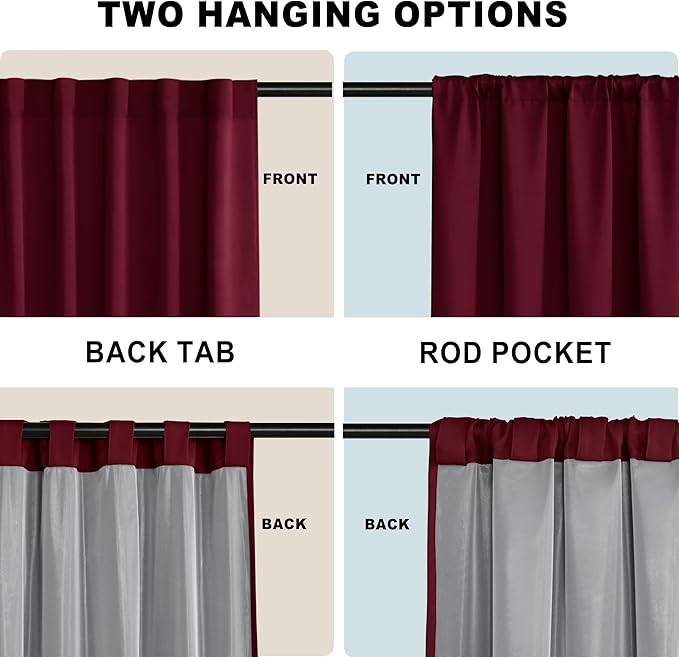 XWZO 100% Blackout Curtain Panels - Rod Pocket & Back Tab Thermal Insulated, Noise Reducing and Heat Blocking Drapes for Hall and Studio Windows with Tiebacks, Burgundy, W42 x L63, Set of 2