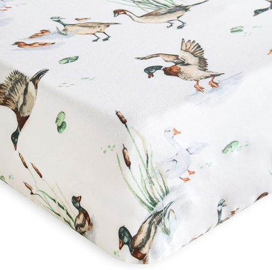 LifeTree Crib Sheets for Baby Unisex - Muslin Fitted Crib Sheets Toddler Bed Sheet, 70% Viscose from Bamboo and 30% Cotton, Fits Standard Crib, Mallard Duck, 28in x 52in